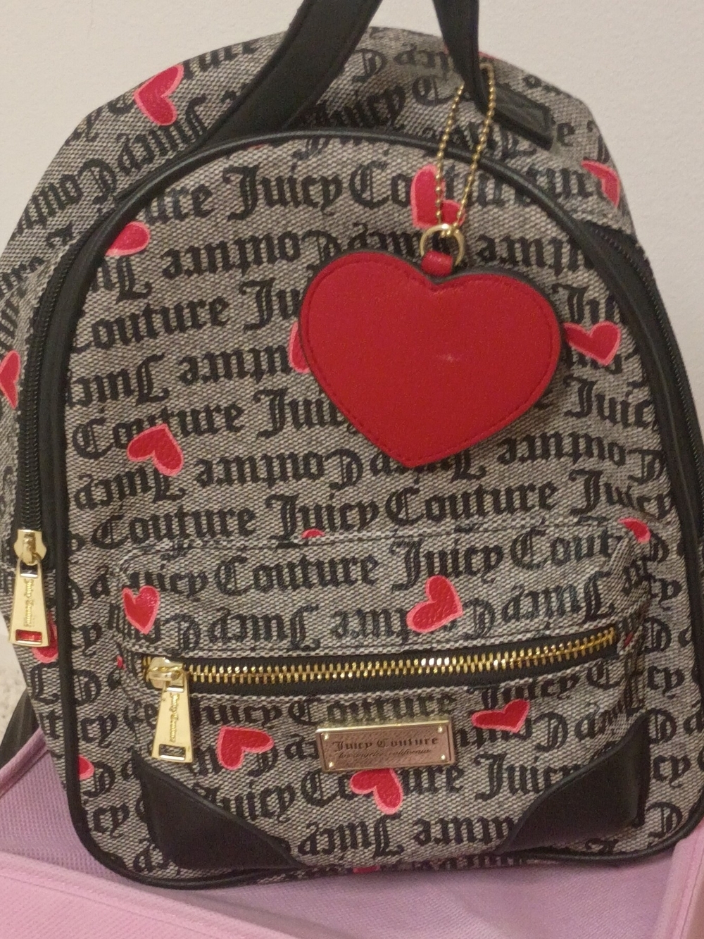 Juicy Couture Gray Logo Mini Backpack with Red Heart Accents